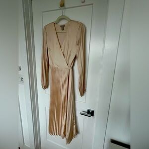 Satin pleated wrap midi dress